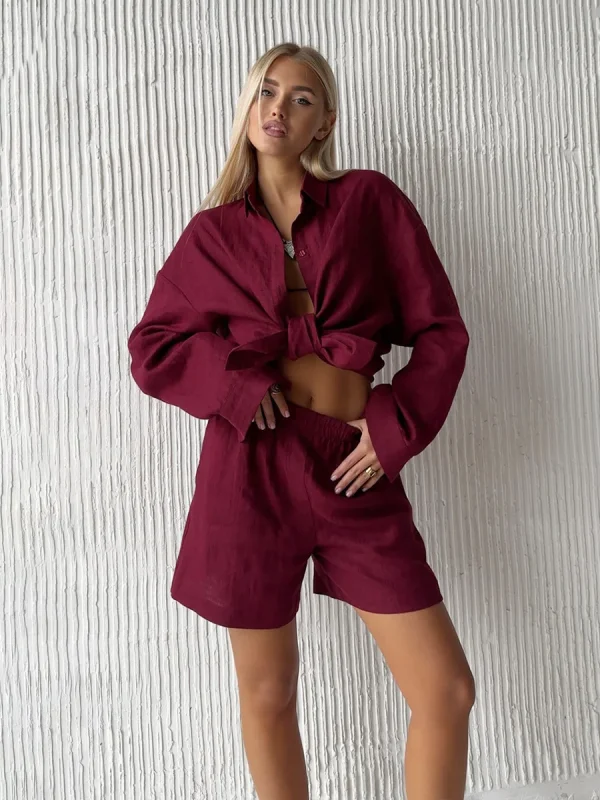 Casual Cotton Solid Color Long Sleeve Shirt Wide leg Jeans Suits - Image 10