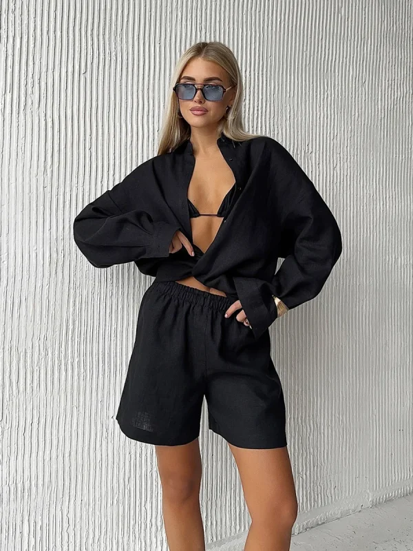Casual Cotton Solid Color Long Sleeve Shirt Wide leg Jeans Suits - Image 5