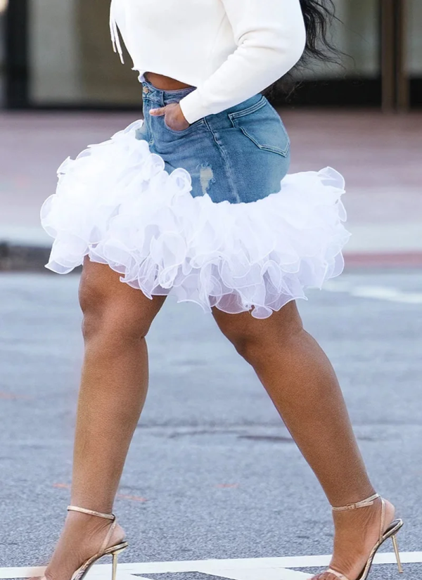 Casual Denim Tulle Pockets High Waist Streetwear Vintage Fashion Mini Skirts - Image 2