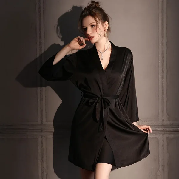 Casual Elastic Satin High Quality Classic Solid Nightgowns Ice Silk 2pcs - Image 6