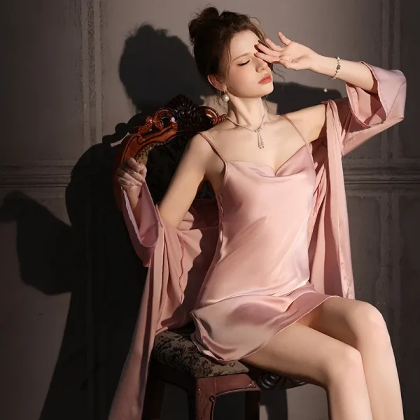 Casual Elastic Satin High Quality Classic Solid Nightgowns Ice Silk 2pcs - Image 3
