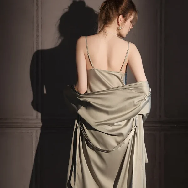 Casual Elastic Satin High Quality Classic Solid Nightgowns Ice Silk 2pcs - Image 12
