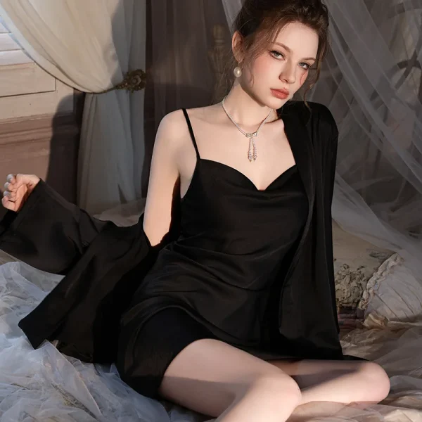 Casual Elastic Satin High Quality Classic Solid Nightgowns Ice Silk 2pcs - Image 8