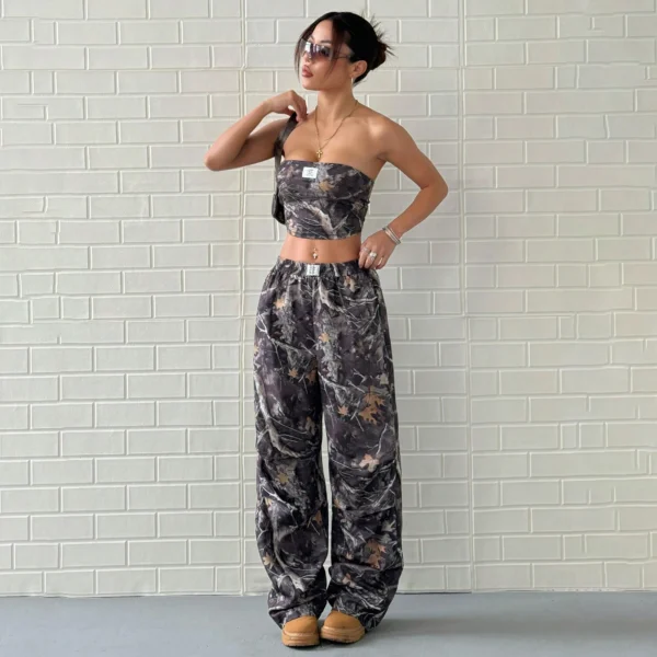 Casual Elastic Waist Printed Crop Top Slimming Workwear Pants Set - Image 2