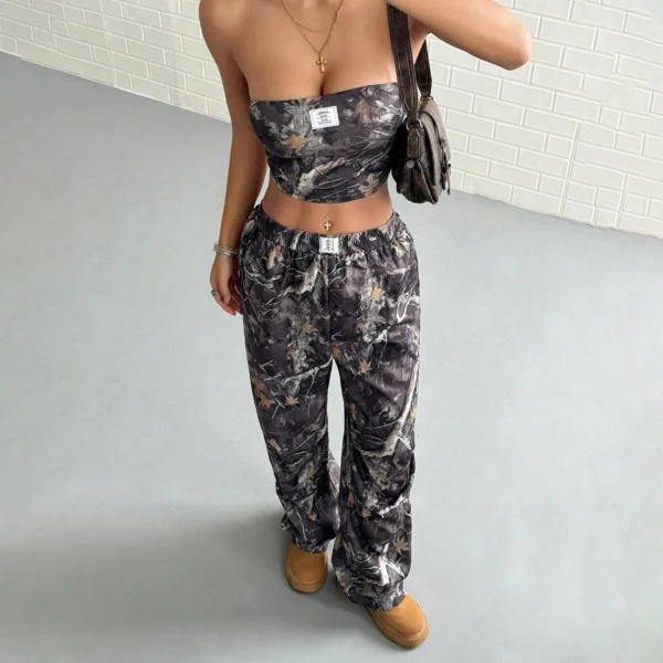 Casual Elastic Waist Printed Crop Top Slimming Workwear Pants Set - Image 4
