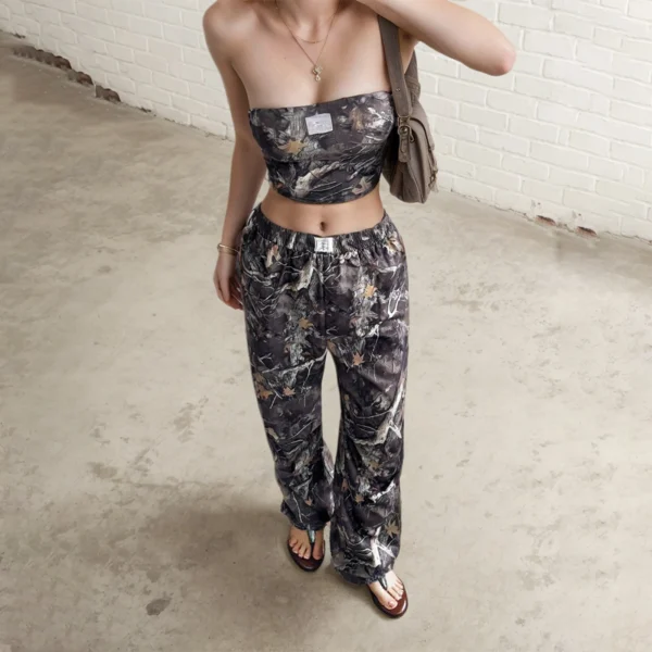Casual Elastic Waist Printed Crop Top Slimming Workwear Pants Set - Image 5