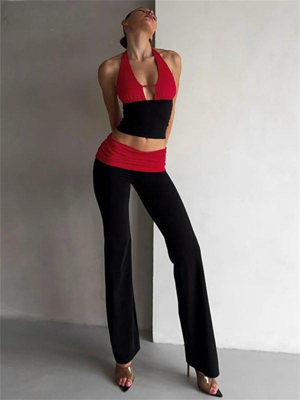 Casual Fashion Halter Skinny Crop Tops Long Pants Tracksuit Two Piece Set