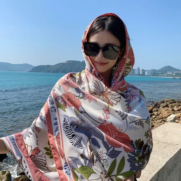 Casual Floral Print Beach Shawl Sun Protection Travel Long Fashionable Scarf - Image 12