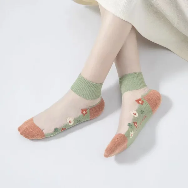 Casual Flower Patterns Sweat Absorbing Breathable Cotton Bottom Crystal Socks 5 Pairs - Image 4