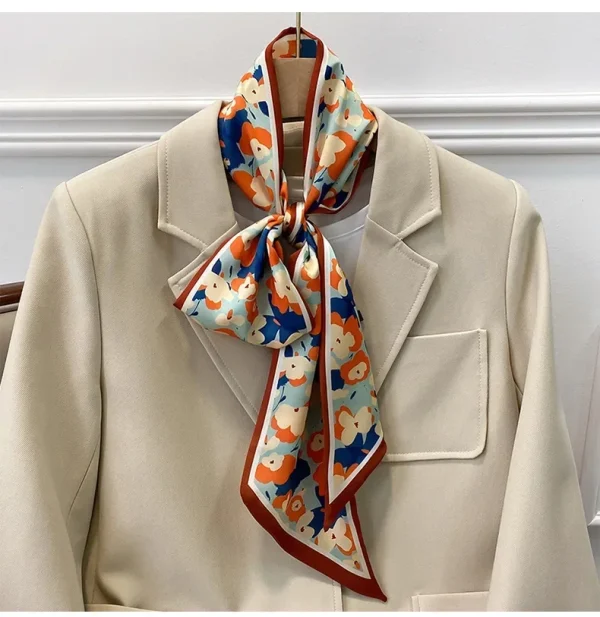 Casual Foulard Floral Print Kerchief Narrow Long Wrist Small Ribbon Hair Band Scarves Silk Scarf - Image 2