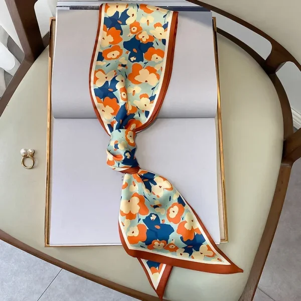 Casual Foulard Floral Print Kerchief Narrow Long Wrist Small Ribbon Hair Band Scarves Silk Scarf - Image 3