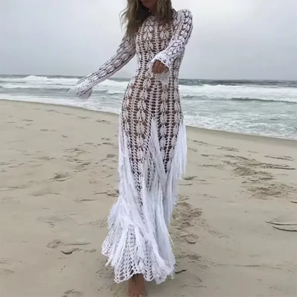Casual Fringe Patchwork Hollow Knitted Long Sleeved Slim Beach Holiday Dresses