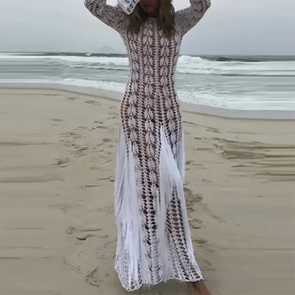 Casual Fringe Patchwork Hollow Knitted Long Sleeved Slim Beach Holiday Dresses - Image 2