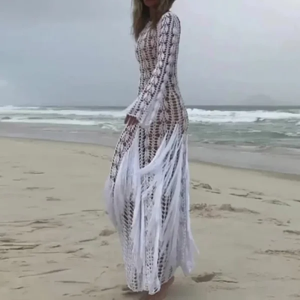 Casual Fringe Patchwork Hollow Knitted Long Sleeved Slim Beach Holiday Dresses - Image 3