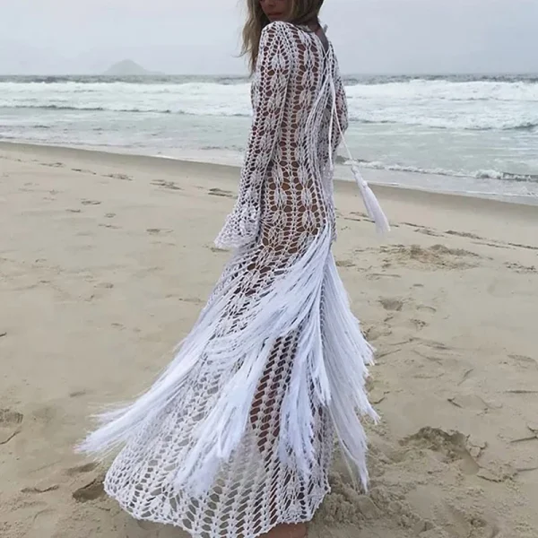 Casual Fringe Patchwork Hollow Knitted Long Sleeved Slim Beach Holiday Dresses - Image 4