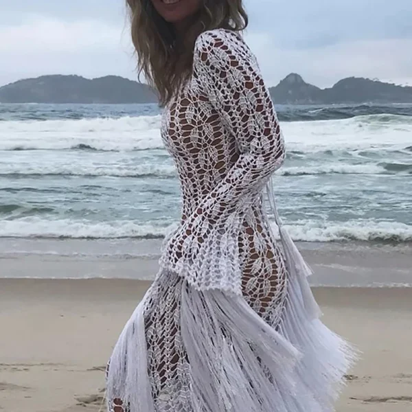 Casual Fringe Patchwork Hollow Knitted Long Sleeved Slim Beach Holiday Dresses - Image 5