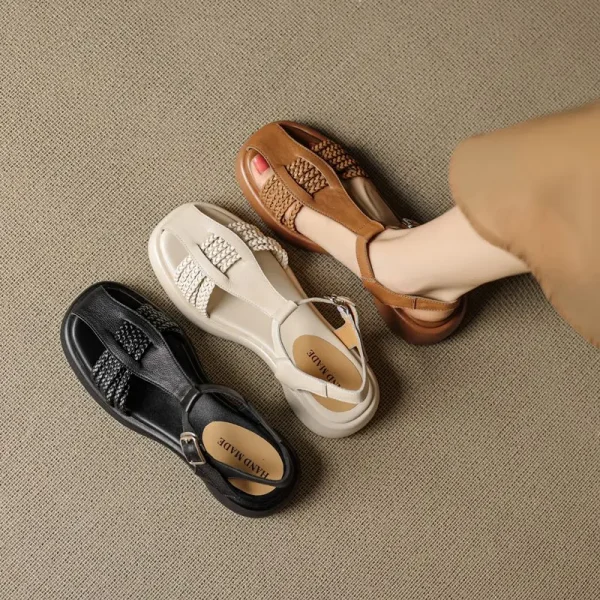 Casual Genuine Leather Buckle Strap Platform Round Toe Flat Sandals - Image 17