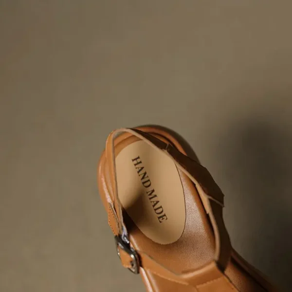 Casual Genuine Leather Buckle Strap Platform Round Toe Flat Sandals - Image 7