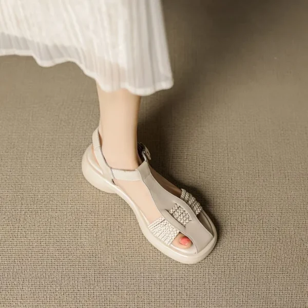 Casual Genuine Leather Buckle Strap Platform Round Toe Flat Sandals - Image 8