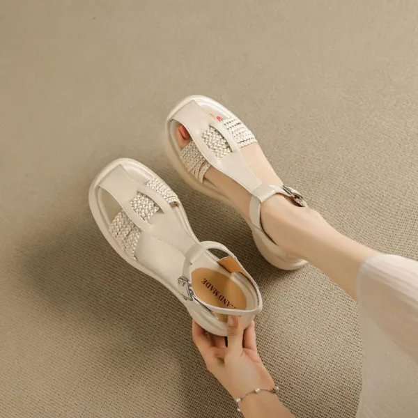 Casual Genuine Leather Buckle Strap Platform Round Toe Flat Sandals - Image 11