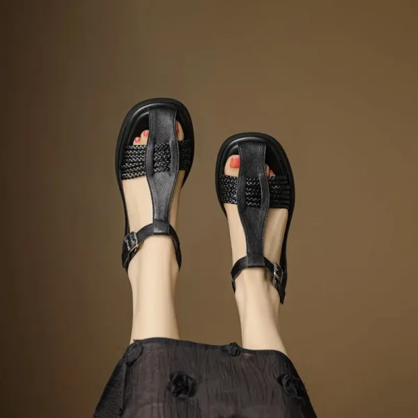 Casual Genuine Leather Buckle Strap Platform Round Toe Flat Sandals - Image 13