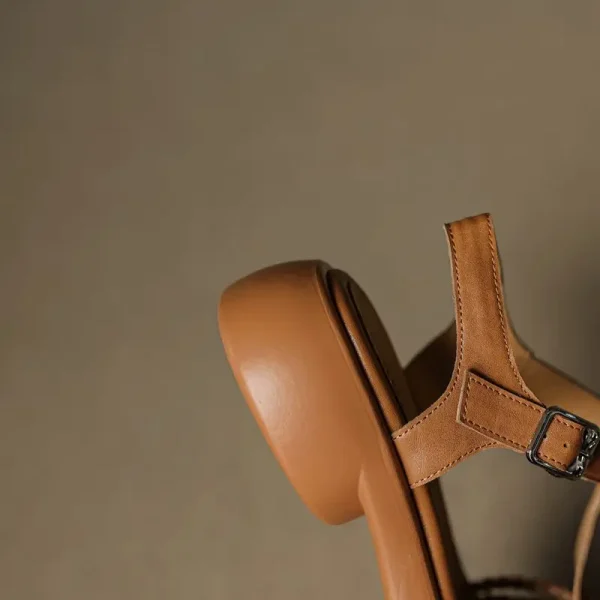 Casual Genuine Leather Buckle Strap Platform Round Toe Flat Sandals - Image 6