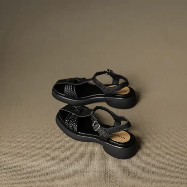 Casual Genuine Leather Buckle Strap Platform Round Toe Flat Sandals - Image 15