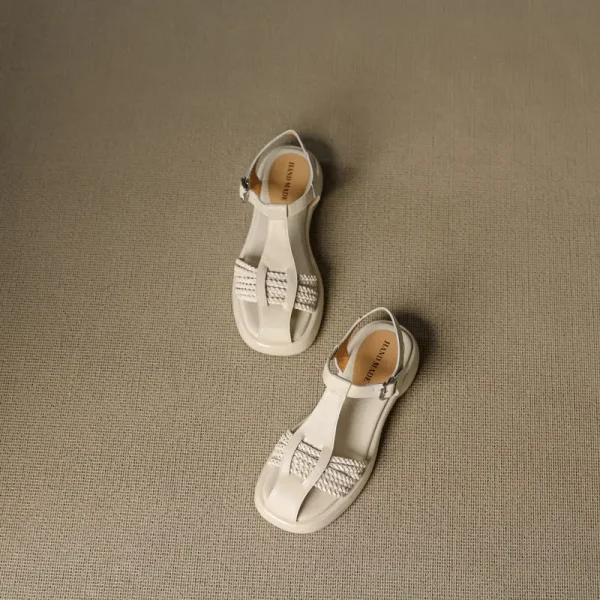 Casual Genuine Leather Buckle Strap Platform Round Toe Flat Sandals - Image 12