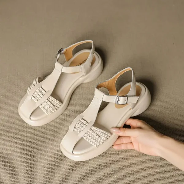 Casual Genuine Leather Buckle Strap Platform Round Toe Flat Sandals - Image 10