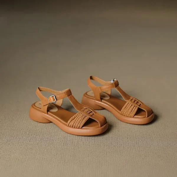 Casual Genuine Leather Buckle Strap Platform Round Toe Flat Sandals - Image 4