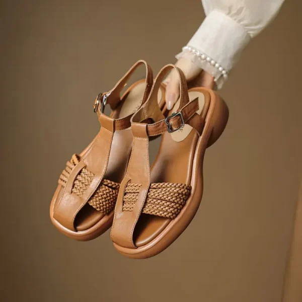 Casual Genuine Leather Buckle Strap Platform Round Toe Flat Sandals - Image 3