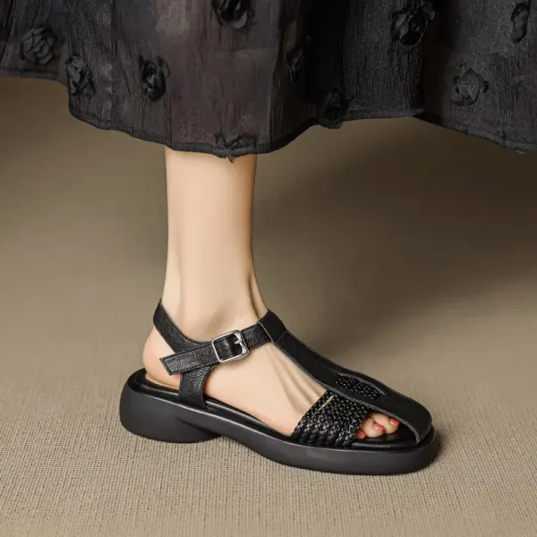 Casual Genuine Leather Buckle Strap Platform Round Toe Flat Sandals - Image 14