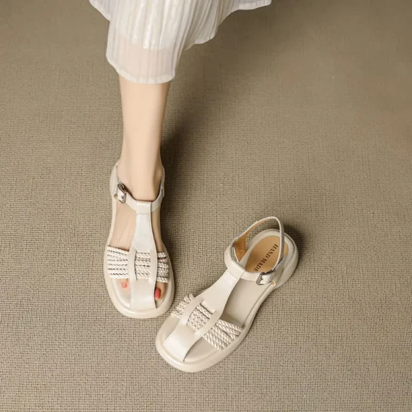 Casual Genuine Leather Buckle Strap Platform Round Toe Flat Sandals - Image 9