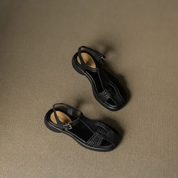 Casual Genuine Leather Buckle Strap Platform Round Toe Flat Sandals - Image 16