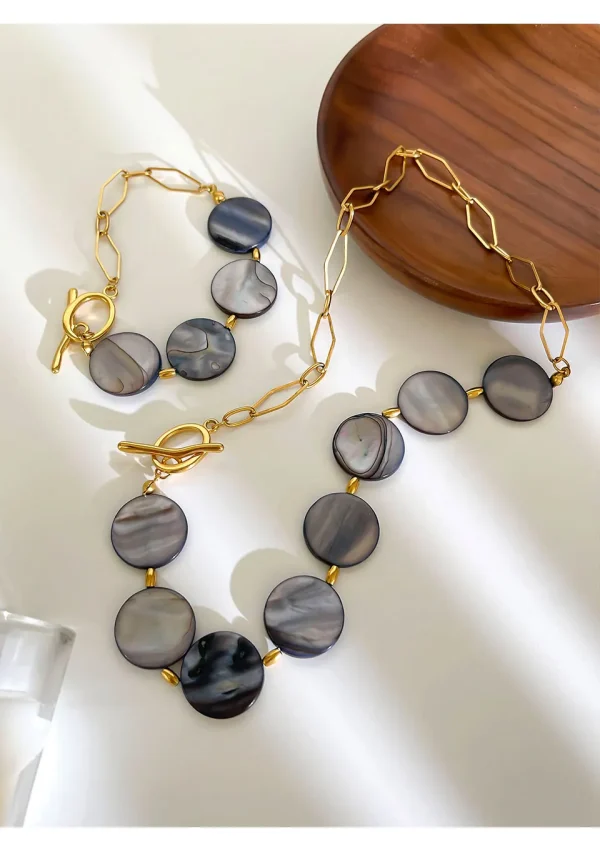 Casual High Quality Stainless Steel Round Natural Shell Necklace Bracelet Jewelry Sets - Image 3