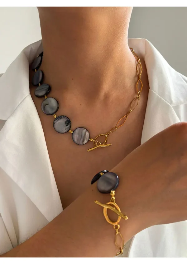 Casual High Quality Stainless Steel Round Natural Shell Necklace Bracelet Jewelry Sets