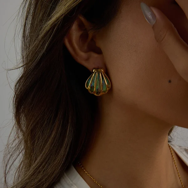 Casual Holiday Ocean Colored Abalone Shell 18K Gold Color Plated Stainless Steel Hollow Shell Earrings - Image 2