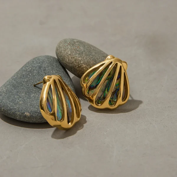 Casual Holiday Ocean Colored Abalone Shell 18K Gold Color Plated Stainless Steel Hollow Shell Earrings - Image 3