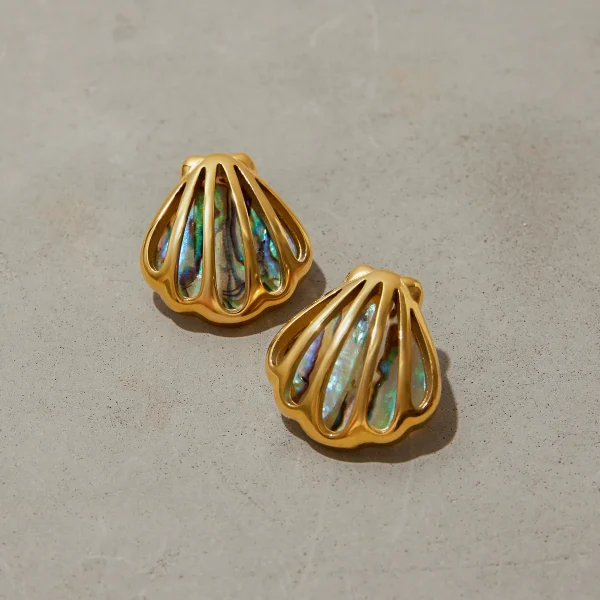 Casual Holiday Ocean Colored Abalone Shell 18K Gold Color Plated Stainless Steel Hollow Shell Earrings - Image 4