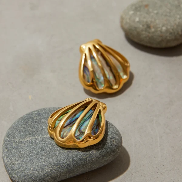 Casual Holiday Ocean Colored Abalone Shell 18K Gold Color Plated Stainless Steel Hollow Shell Earrings - Image 5