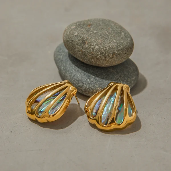 Casual Holiday Ocean Colored Abalone Shell 18K Gold Color Plated Stainless Steel Hollow Shell Earrings - Image 6