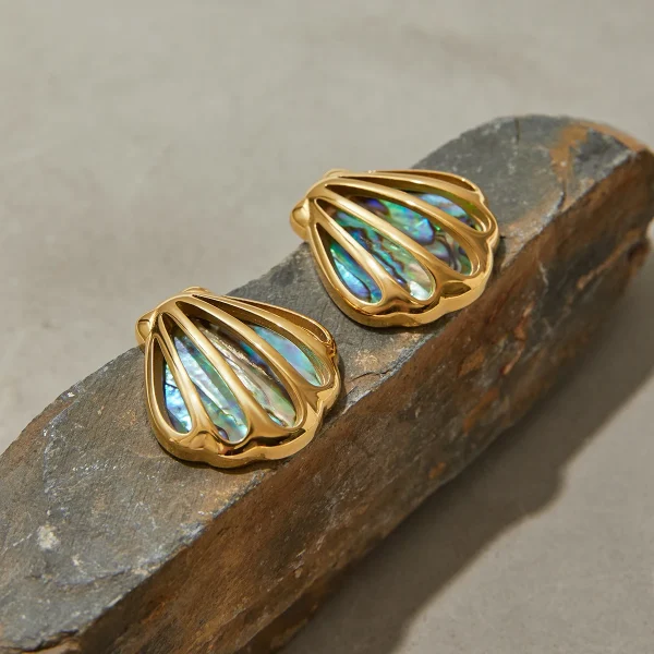 Casual Holiday Ocean Colored Abalone Shell 18K Gold Color Plated Stainless Steel Hollow Shell Earrings - Image 7