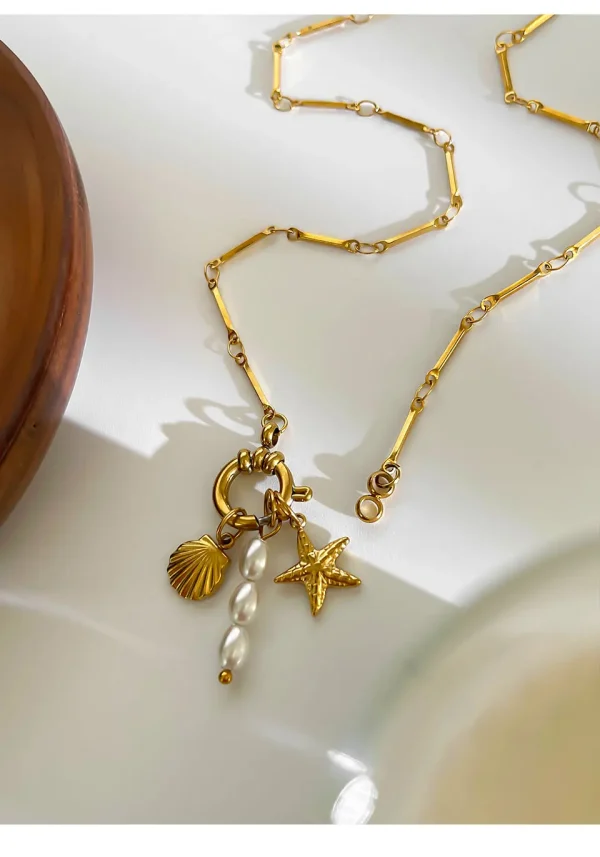 Casual Imitation Pearl Sea Star Shell Stainless Steel Pendant Choker Necklaces - Image 4
