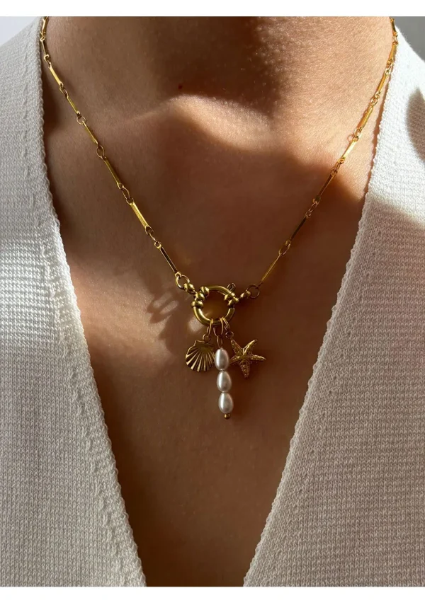 Casual Imitation Pearl Sea Star Shell Stainless Steel Pendant Choker Necklaces