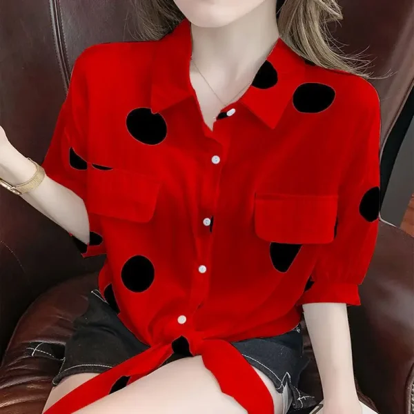Casual Lapel Loose Bandage Bow Polka Dot Half Sleeve Blouse Tops - Image 3