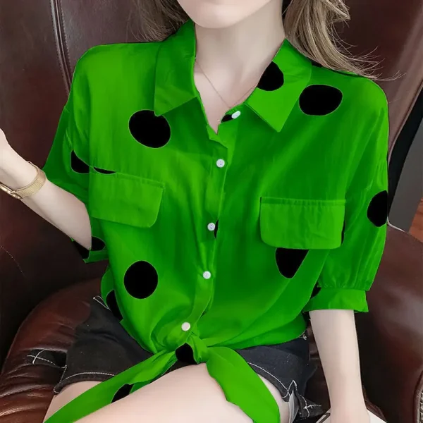 Casual Lapel Loose Bandage Bow Polka Dot Half Sleeve Blouse Tops