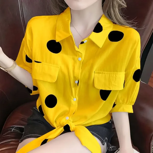 Casual Lapel Loose Bandage Bow Polka Dot Half Sleeve Blouse Tops - Image 2