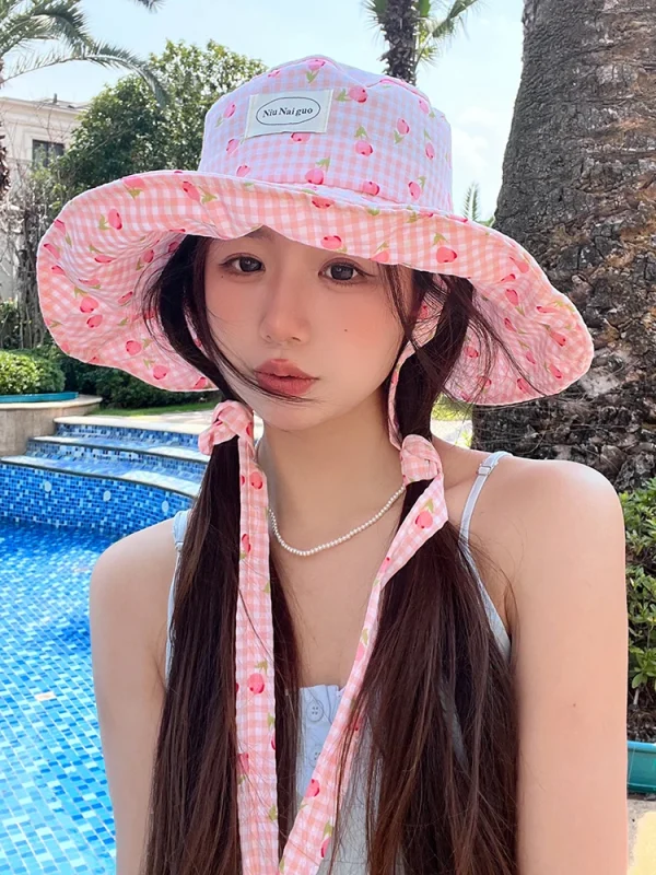 Casual Large Brim Bucket Fresh Plaid Print Long Streamer Outdoor Travel Sun Hats