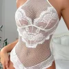 Casual Lingerie Mesh Cut-Outs Fishnet Sheer White Lace Teddies Bra Set