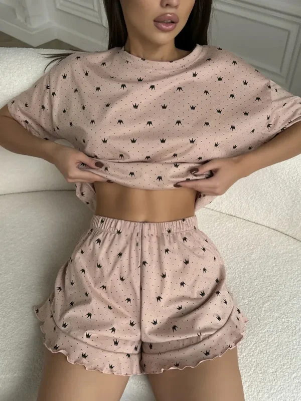 Casual Loose Fit Comfortable Round Neck Two-Piece Pajamas Set - Image 9